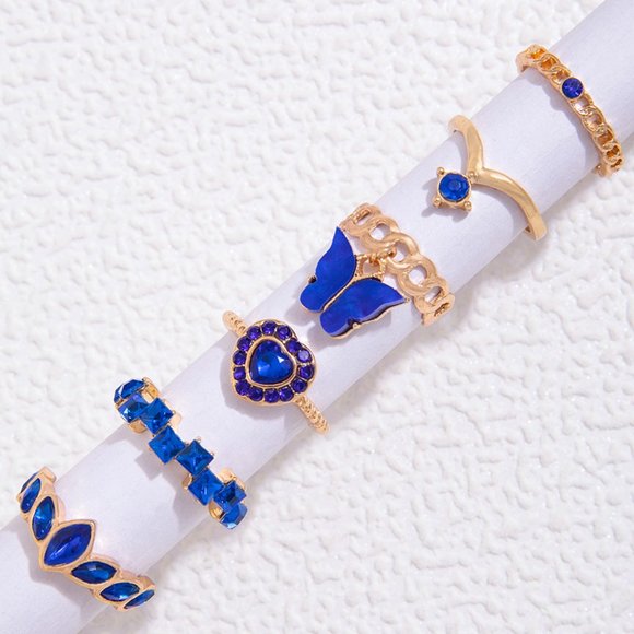 3/$35 6 Piece Joint Knuckle Rings Set Stackable Gold Blue Heart Charm Crystal - Picture 5 of 9